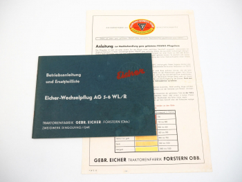 Eicher AG 5-6 WL/R Wechselpflug Anbauanleitung Betriebsanleitung Ersatzteilliste
