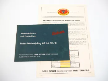 Eicher AG 5-6 WL/R Wechselpflug Anbauanleitung Betriebsanleitung Ersatzteilliste