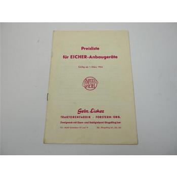 Eicher Anbaugeräte Preisliste ab 1955 Kraftheber Pflug Eggen Grubber