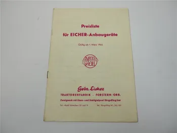 Eicher Anbaugeräte Preisliste ab 1955 Kraftheber Pflug Eggen Grubber