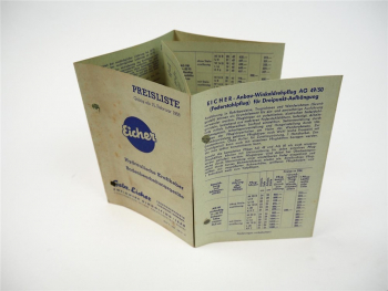Eicher Hydraulische Kraftheber Bodenbearbeitungsgeräte Preisliste ab 1958