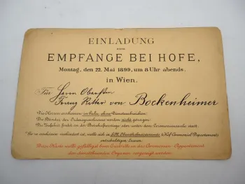 Einladung Empfang bei Hofe Wien 1899 Oberst Franz Ritter von Bockenheimer