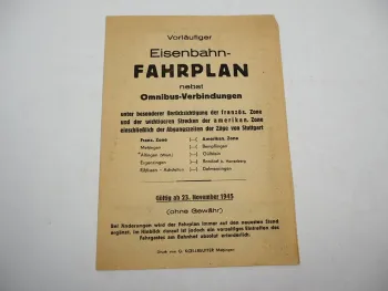 Eisenbahn Fahrplan nebst Omnibus Württemberg Stuttgart 1945