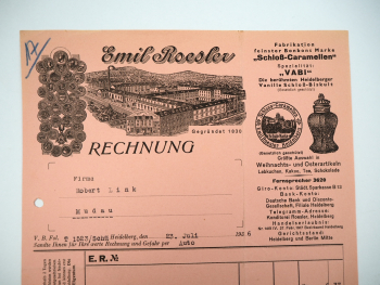 Emil Roesler Heidelberg Süßwarenfabrik Biskuit Bonbon Caramellen Rechnung 1936