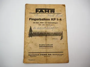 Fahr KP1-4 Fingerbalken für Mähwerk Betriebsanleitung Ersatzteilliste 1949