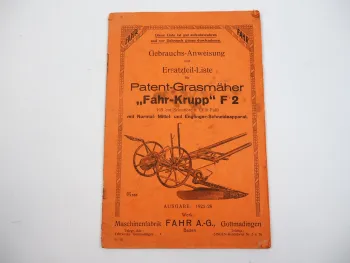 Fahr Krupp F2 Patent Grasmäher Betriebsanleitung Ersatzteilliste 1925/26