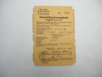 Fahrrad Registrierungskarte Dürkopp Herrenrad 1946 Nürtingen