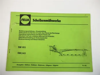 Fella SM165 240 Scheibenmähwerk Betriebsanleitung Bedienung Ersatzteilliste 1988