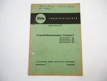 Fella Victormat S I II 500 550 Dreipunkt Winkeldrehpflug Ersatzteilliste 1964