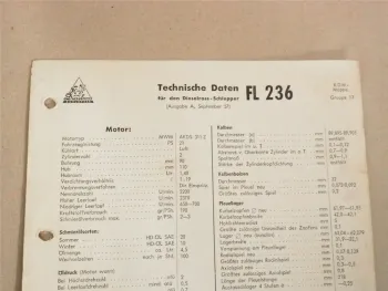 Fendt Dieselross-Schlepper FL 236 Werkstatt Einstellwerte Technische Daten 1957