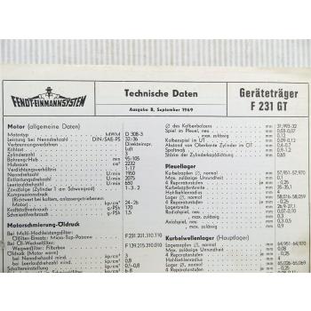 Fendt F 231 GT Geräteträger Technische Daten Anzugswerte 1969 Datenblatt