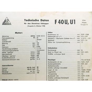 Fendt F 40 U , U1 Dieselross-Schlepper Technische Daten Anzugswerte 1958