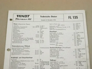 Fendt Farmer 102 FL 135 Werkstatt Einstellwerte Technische Daten 1972