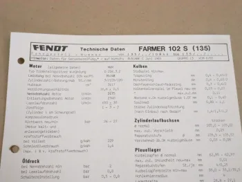 Fendt Farmer 102 S (135) Werkstatt Einstellwerte Technische Daten 1985