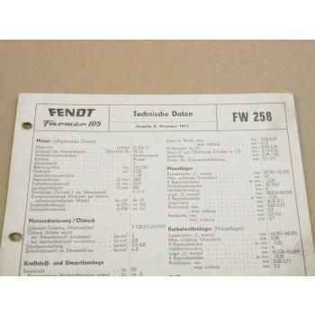 Fendt Farmer 105 FW 258 Werkstatt Einstellwerte Technische Daten 1972