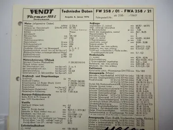 Fendt Farmer 105S Turbomatik FW258 Technische Daten Anzugswerte Datenblatt 1976