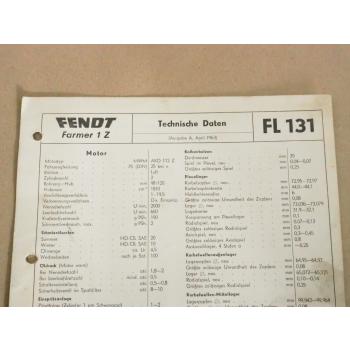 Fendt Farmer 1Z FL 131 Werkstatt Einstellwerte Technische Daten Anzugswerte 1963