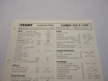 Fendt Farmer 200 S 144 Werkstatt Datenblatt Anzugswerte Technische Daten 1987