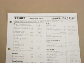 Fendt Farmer 200 S (144) Werkstatt Einstellwerte Technische Daten 1987