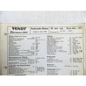 Fendt Farmer 200 V FL 145 - FLA 145 / 23 Technische Daten Anzugswerte 1976
