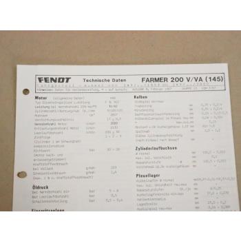 Fendt Farmer 200 V/VA (145) Werkstatt Einstellwerte Technische Daten 1987