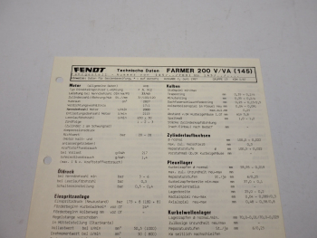 Fendt Farmer 200 V VA 145 Werkstatt Datenblatt Anzugswerte Technische Daten 1987
