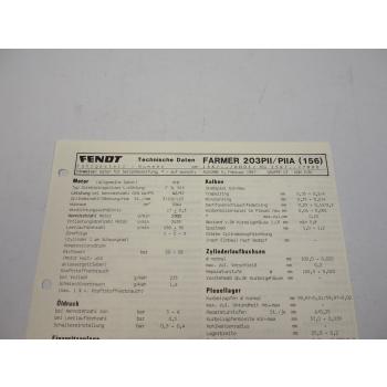 Fendt Farmer 203 PII PIIA 156 Datenblatt Anzugswerte Technische Daten 1987