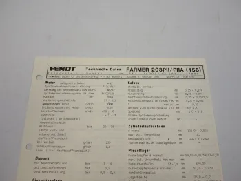 Fendt Farmer 203 PII PIIA 156 Datenblatt Anzugswerte Technische Daten 1987