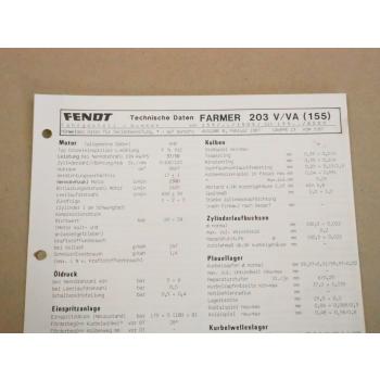 Fendt Farmer 203 V/VA (155) Werkstatt Einstellwerte Technische Daten 1987