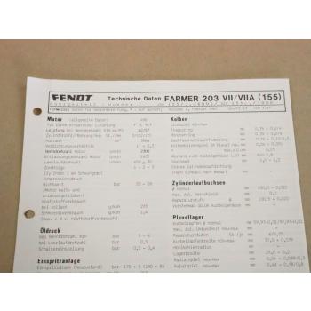 Fendt Farmer 203 VII/VIIA (155) Werkstatt Einstellwerte Technische Daten 1987