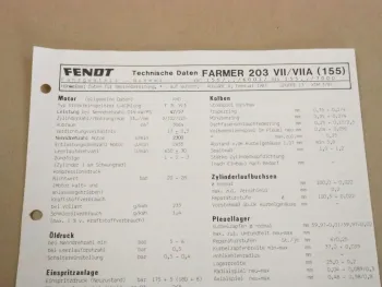 Fendt Farmer 203 VII/VIIA (155) Werkstatt Einstellwerte Technische Daten 1987