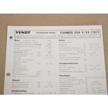 Fendt Farmer 204 V / VA 167 Werkstatt Einstellwerte Technische Daten 1987