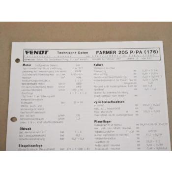 Fendt Farmer 205 P / PA 176 Werkstatt Einstellwerte Technische Daten 1987