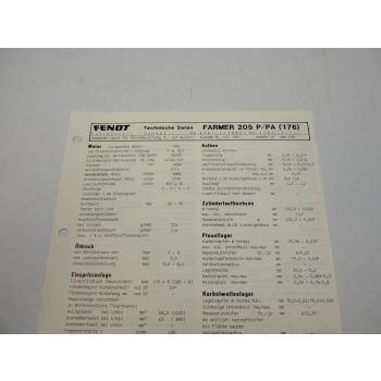 Fendt Farmer 205 P PA 176 Werkstatt Datenblatt Anzugswerte Technische Daten 1987