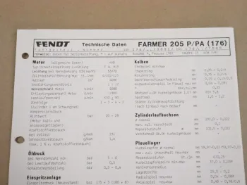 Fendt Farmer 205 P / PA 176 Werkstatt Einstellwerte Technische Daten 1987