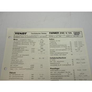 Fendt Farmer 250 V VA (205) Werkstatt Datenblatt 1988 Technische Daten