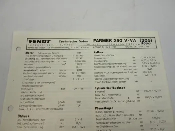 Fendt Farmer 250 V VA (205) Werkstatt Datenblatt 1988 Technische Daten