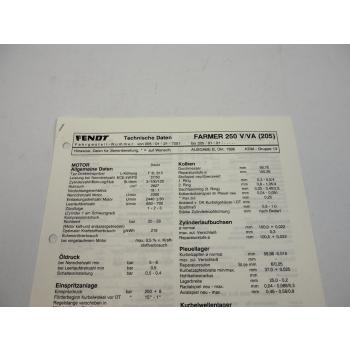Fendt Farmer 250 V VA 205 Werkstatt Datenblatt Anzugswerte Technische Daten 1996