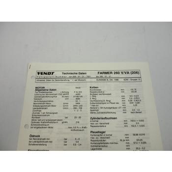 Fendt Farmer 260 V VA 206 Werkstatt Datenblatt Anzugswerte Technische Daten 1996