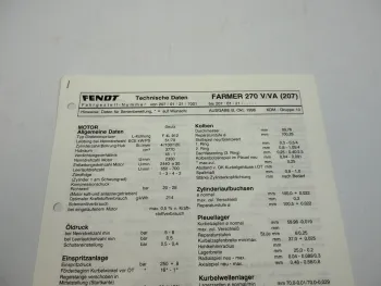 Fendt Farmer 270 V VA 207 Werkstatt Datenblatt Anzugswerte Technische Daten 1996