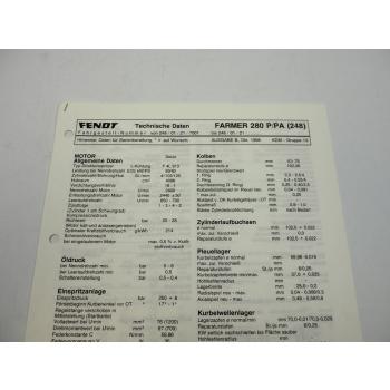 Fendt Farmer 280 P PA 248 Werkstatt Datenblatt Anzugswerte Technische Daten 1996