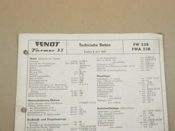 Fendt Farmer 3 S Turbo FW 238 Werkstatt Einstellwerte Technische Daten 1969