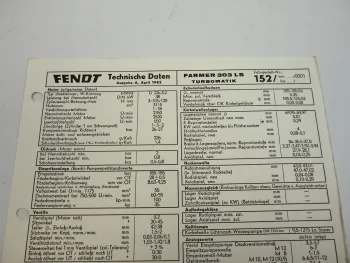Fendt Farmer 303 LS Turbomatik152 Werkstatt Einstellwerte Technische Daten 1982