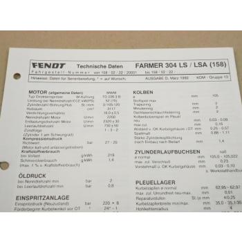 Fendt Farmer 304 LS LSA 158 Werkstatt Einstellwerte Technische Daten 1992