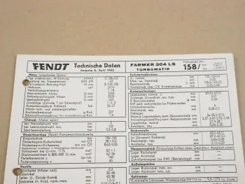 Fendt Farmer 304 LS Turbomatik158 Werkstatt Einstellwerte Technische Daten 1982
