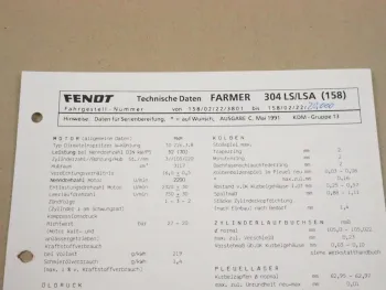 Fendt Farmer 304 LSA 158 Werkstatt Einstellwerte Technische Daten 1991