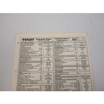 Fendt Farmer 305 LS 162 Turbomatik Datenblatt 1982 Anzugswerte Technische Daten