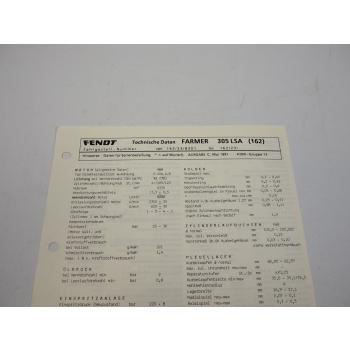 Fendt Farmer 305 LSA 162 Datenblatt Anzugswerte Technische Daten 1991