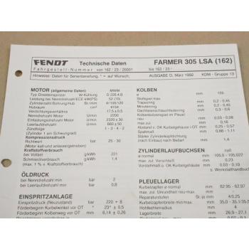 Fendt Farmer 305 LSA 162 Werkstatt Einstellwerte Technische Daten 1992
