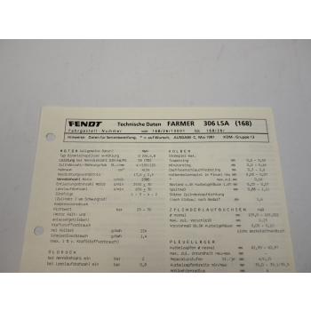 Fendt Farmer 306 LSA 168 Werkstatt Datenblatt Anzugswerte Technische Daten 1991